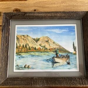 Rustic Landscape Fly Fishing Art Print watercolor framed Wyoming artist